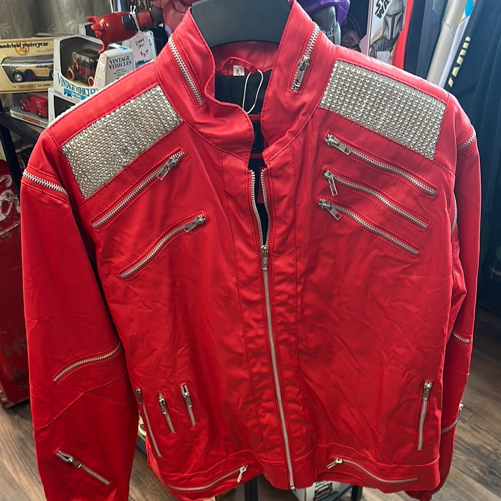 Red Men's Jacket with zippers and shinny stuff just like MJ